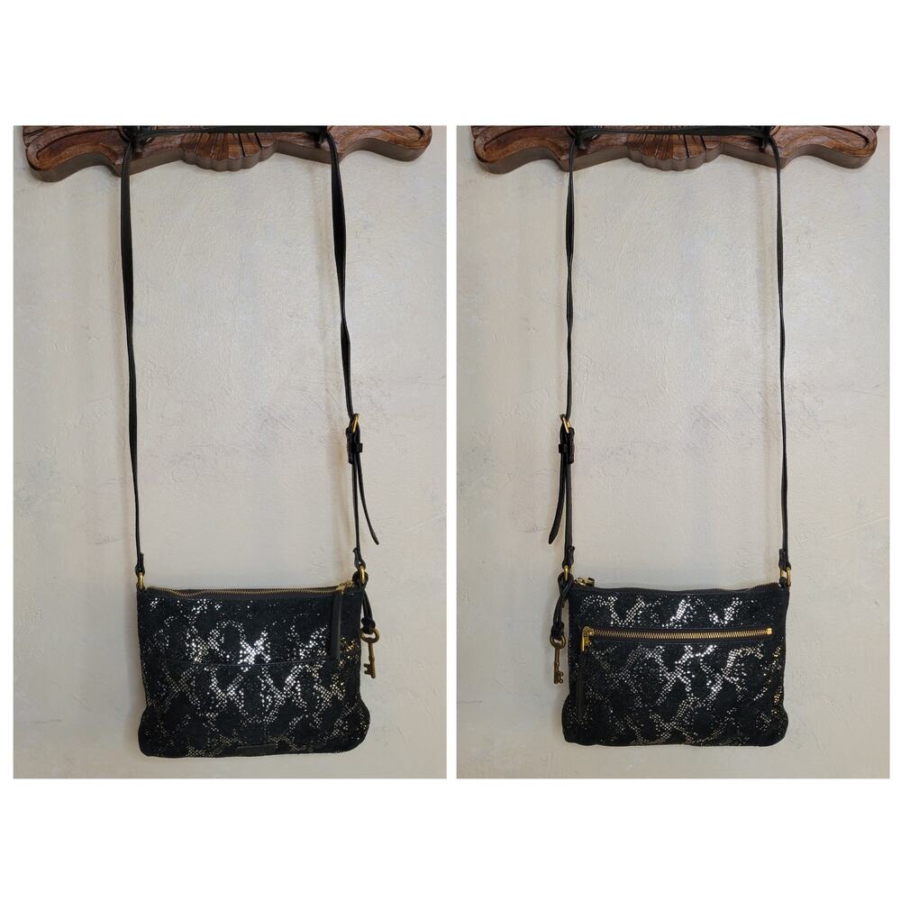 FOSSIL Fiona Leather Suede Silver Metallic Snakeskin Small Crossbody Adjustable - Picture 3 of 12